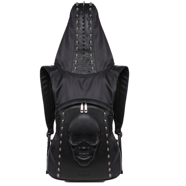 POP2 (Hooded Skull Hat Backpack Europe And America Halloween Steampunk Rivet Hat Backpack)