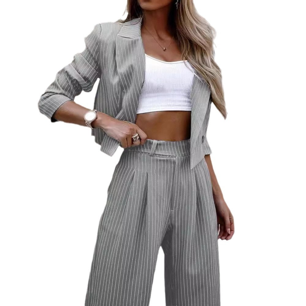 2024 European and American Foreign trade Women's elegant casual striped short lapel suit straight pants suit