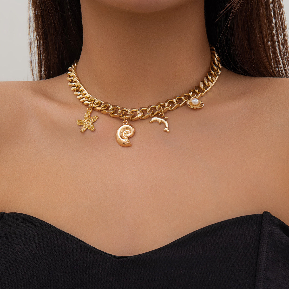 European and American Cross-border Jewelry Ocean Wind Dolphin Shell Imitation Pearl Necklace Women Mix and Match Beach Starfish Pendant Necklace