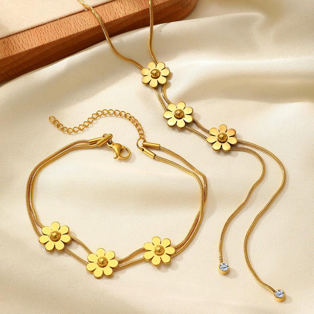 European and American three-dimensional flower tassel round snake chain Japanese and Korean new fashion stainless steel long temperament pendant suit