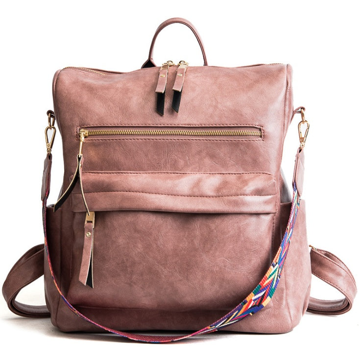 POP5 (New retro backpack college wind casual bag large capacity soft leather backpack)