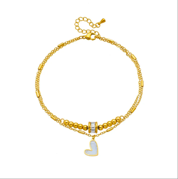Fashion niche design simple high-end retro double-layer stacked Pearl Love Diamond five-pointed star pendant anklet