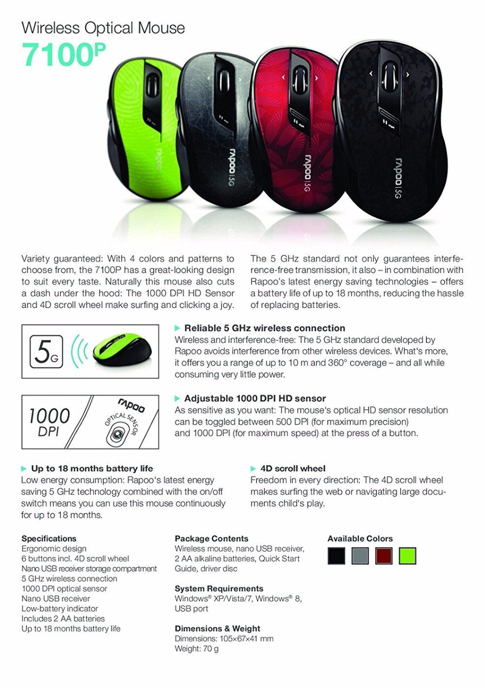 Rapoo Classic 5G Wireless Optical Gaming Mouse with Adjust DPI 4D Scroll for Desktop Laptop PC Computer
