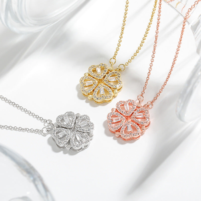 Two-Wearing Love Flower Pendant Heart-to-Heart Niche Design Sense One-Style Multi-Wearing Heart-Shaped Four-leaf Clover Necklace