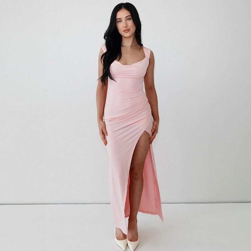 European and American women's spring and summer new fashion temperament solid color sleeveless backless back lace slim split dress wholesale