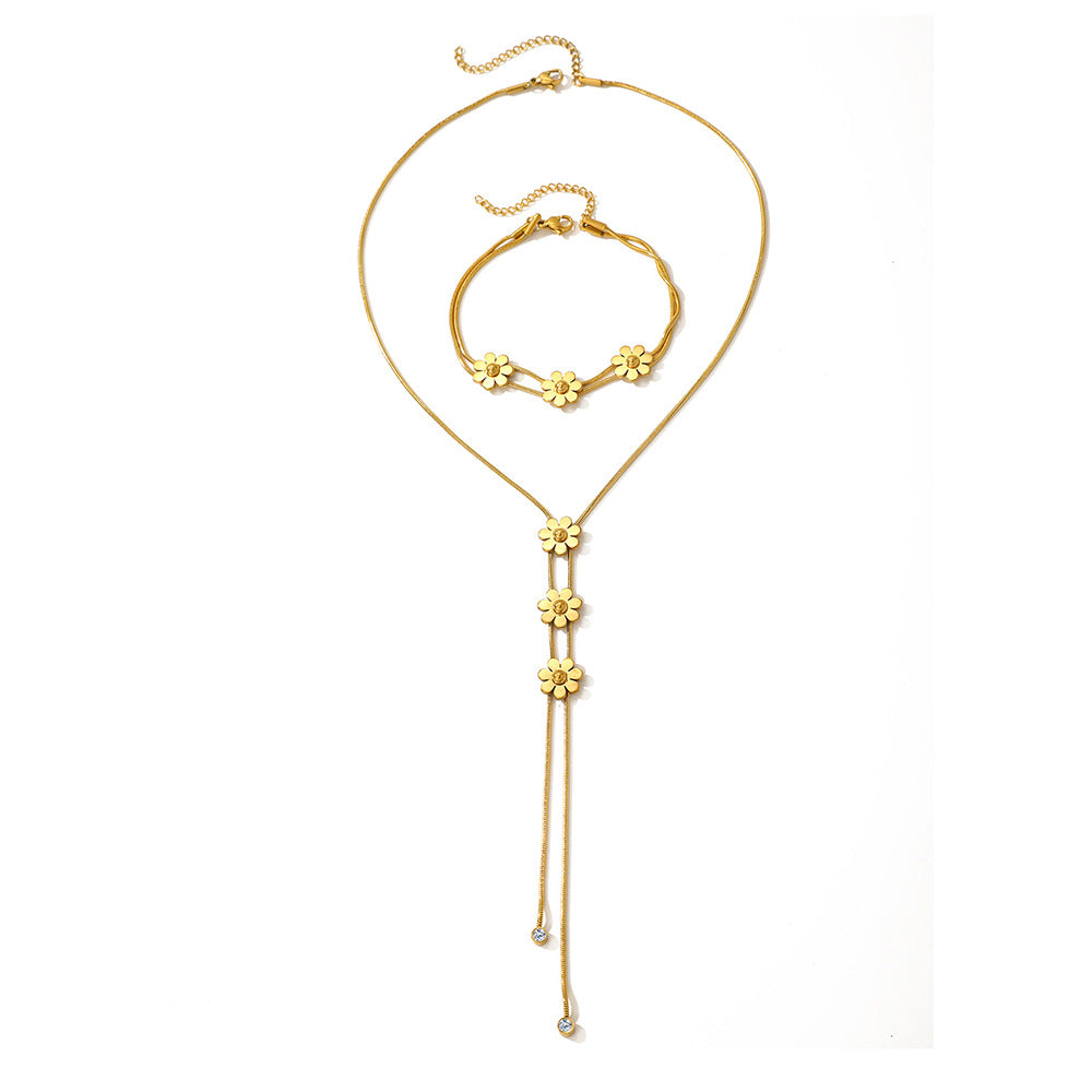 European and American three-dimensional flower tassel round snake chain Japanese and Korean new fashion stainless steel long temperament pendant suit