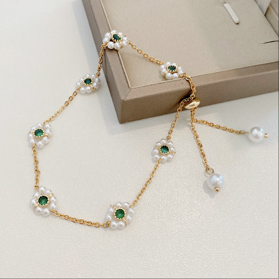 French style Titanium Steel Bracelet Imitation Pearl with Versatile Emerald Accents
