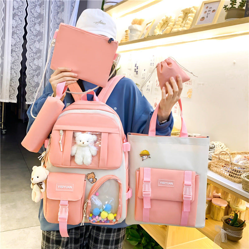 OREU-C (Korean Style College Style Schoolbag Women's Lightweight Casual Backpack Set)
