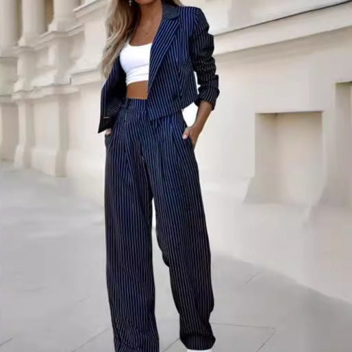 2024 European and American Foreign trade Women's elegant casual striped short lapel suit straight pants suit
