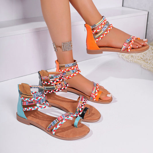 Women's Flat plus size Sandals 2025 New Summer Sandals Bohemian Ethnic Style Round-toe Fashion Outfit