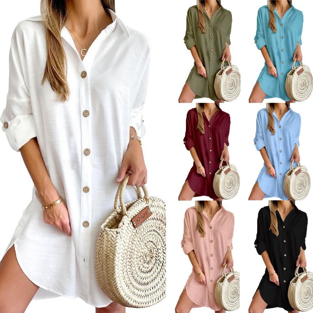 Cross-border 2024 independent station AliExpress explosions autumn casual long sleeve lapel button shirt dress women's clothing