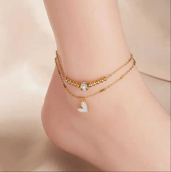 Fashion niche design simple high-end retro double-layer stacked Pearl Love Diamond five-pointed star pendant anklet