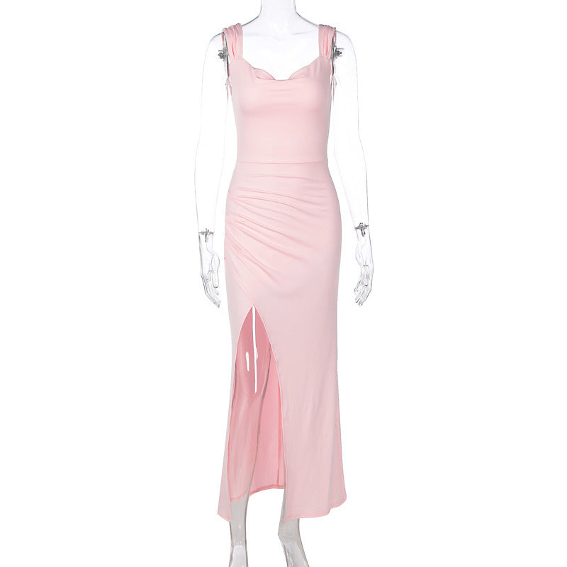 European and American women's spring and summer new fashion temperament solid color sleeveless backless back lace slim split dress wholesale
