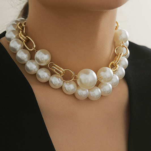 European and American Cross-border Jewelry Creative Punk Style Round Bead Double Layer Overlapping Necklace necklace Exaggerated Metal Chain