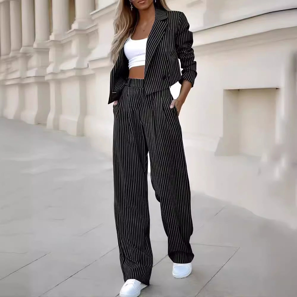 2024 European and American Foreign trade Women's elegant casual striped short lapel suit straight pants suit