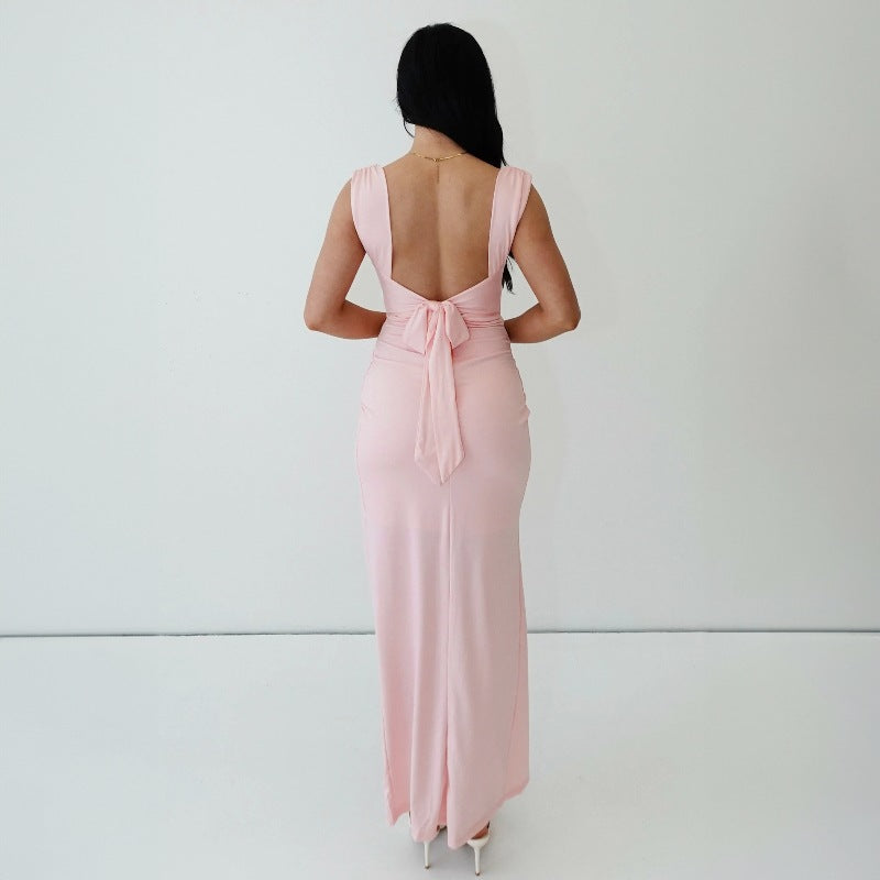 European and American women's spring and summer new fashion temperament solid color sleeveless backless back lace slim split dress wholesale