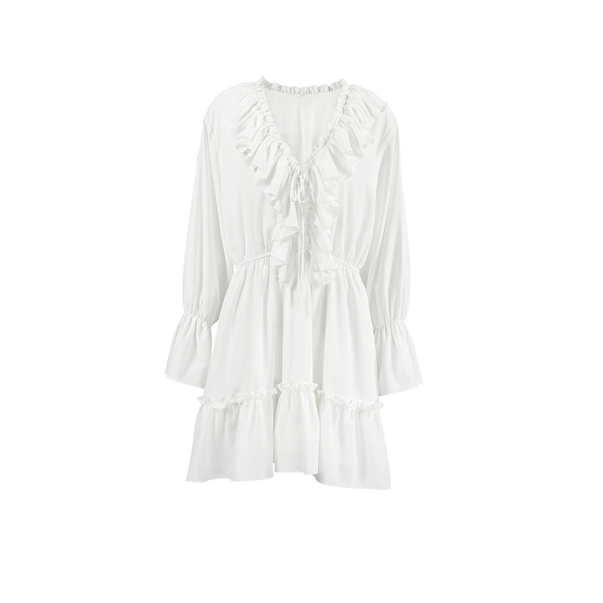 2026 New Fashion V-neck Ruffled White dress Women's Autumn and Winter Design Pleated Trumpet Sleeve Tutu Dress