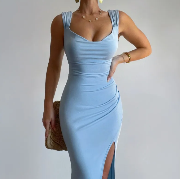 European and American women's spring and summer new fashion temperament solid color sleeveless backless back lace slim split dress wholesale