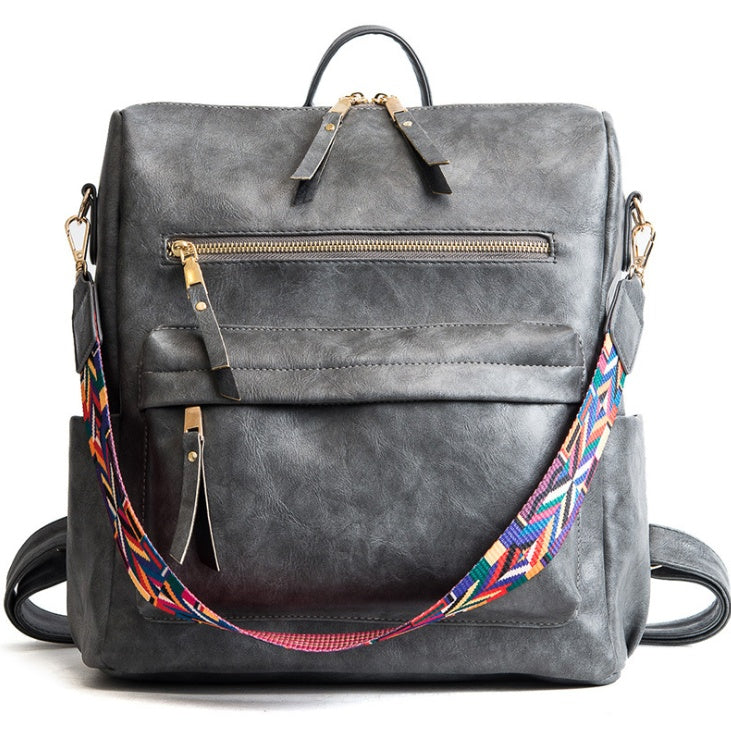 POP5 (New retro backpack college wind casual bag large capacity soft leather backpack)