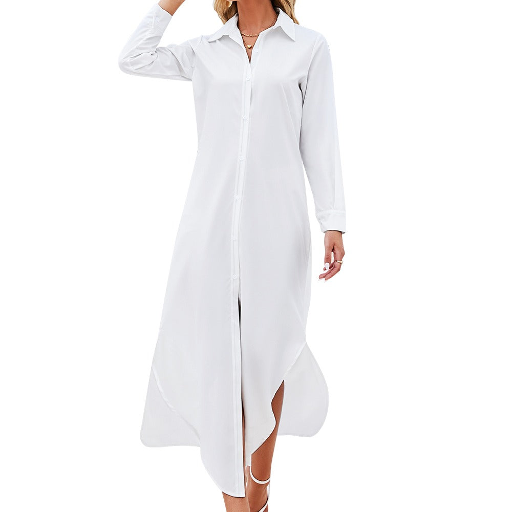 WHITE-QUEEN 1 (Button Neck Long Sleeve Shirt Dress)