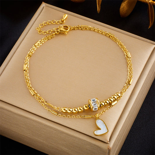 Fashion niche design simple high-end retro double-layer stacked Pearl Love Diamond five-pointed star pendant anklet