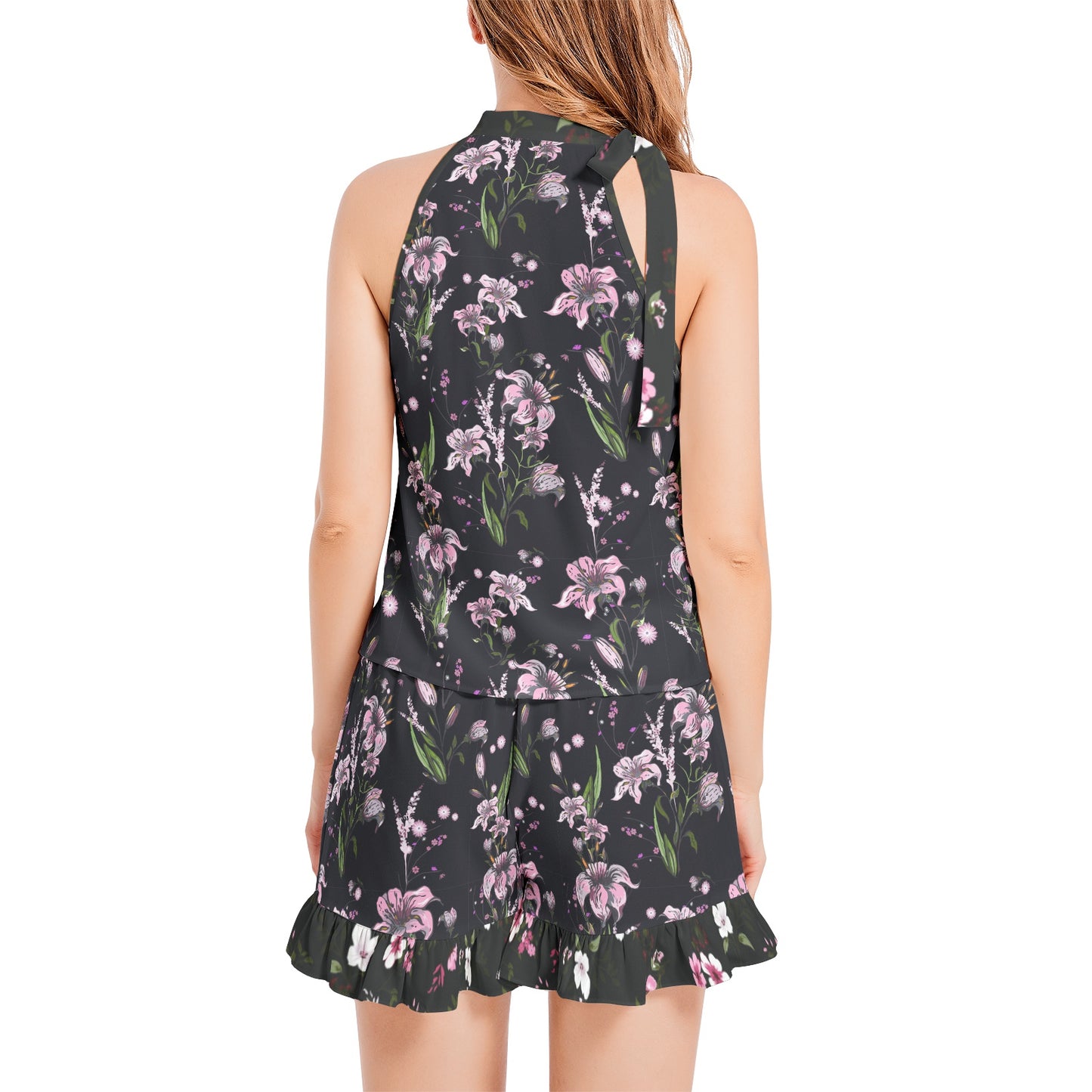 Tie Neck Halter Top and Ruffle Hem Short Set HANNA