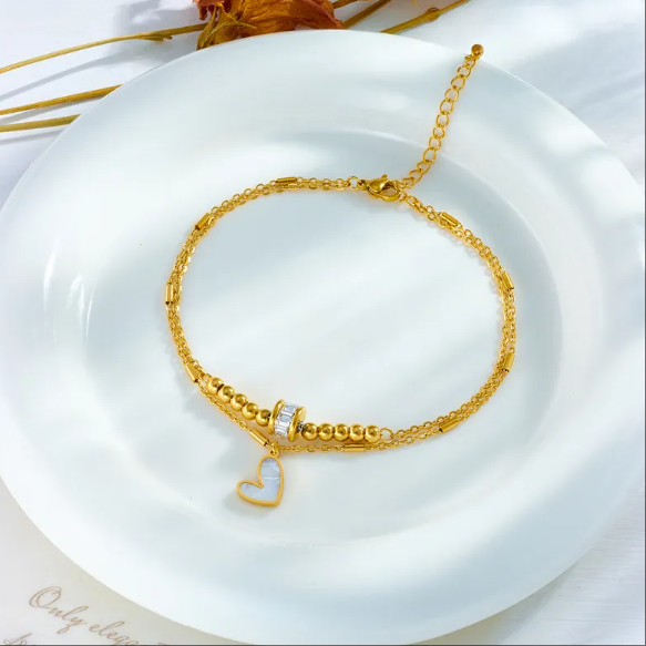 Fashion niche design simple high-end retro double-layer stacked Pearl Love Diamond five-pointed star pendant anklet