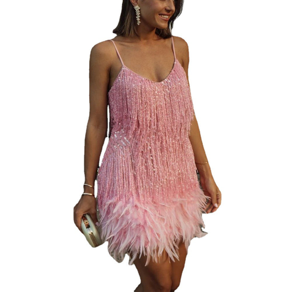 2025 Cross-border Women's Clothing European and American Tassel Feather Bead Dinner Dress Sexy V-neck Sling dress Summer