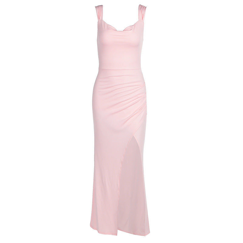 European and American women's spring and summer new fashion temperament solid color sleeveless backless back lace slim split dress wholesale