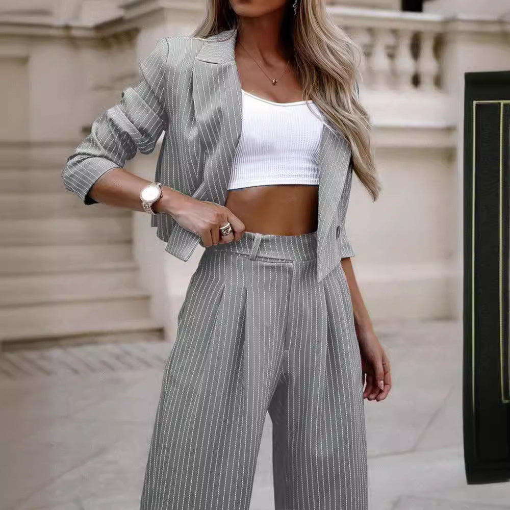 2024 European and American Foreign trade Women's elegant casual striped short lapel suit straight pants suit