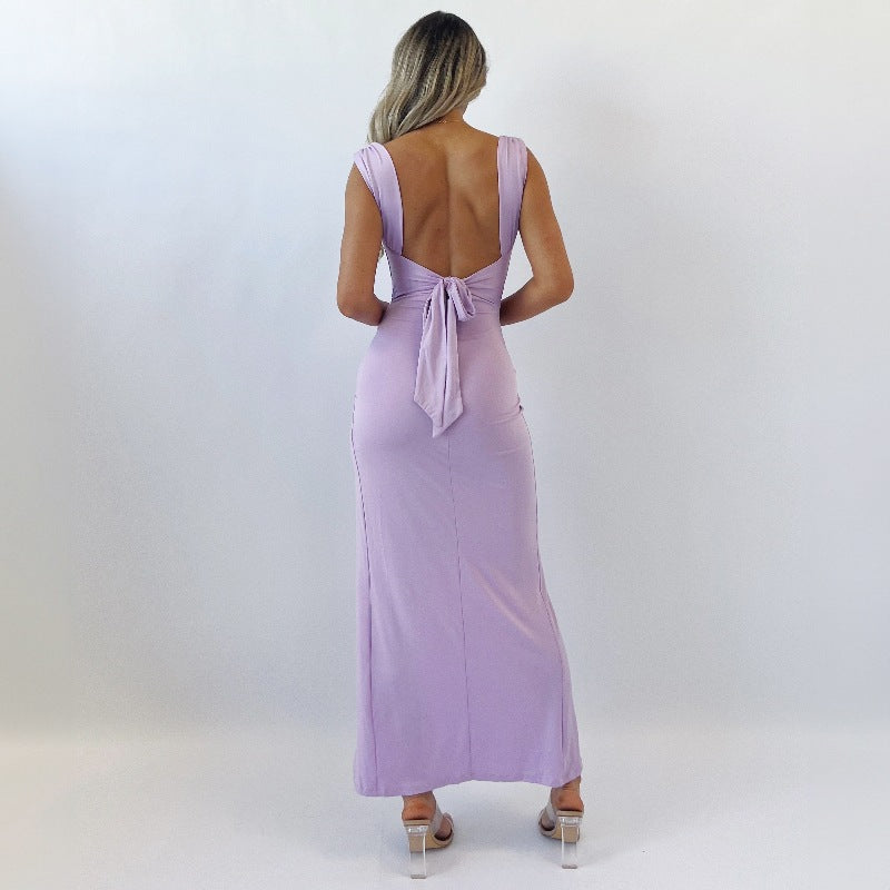 European and American women's spring and summer new fashion temperament solid color sleeveless backless back lace slim split dress wholesale
