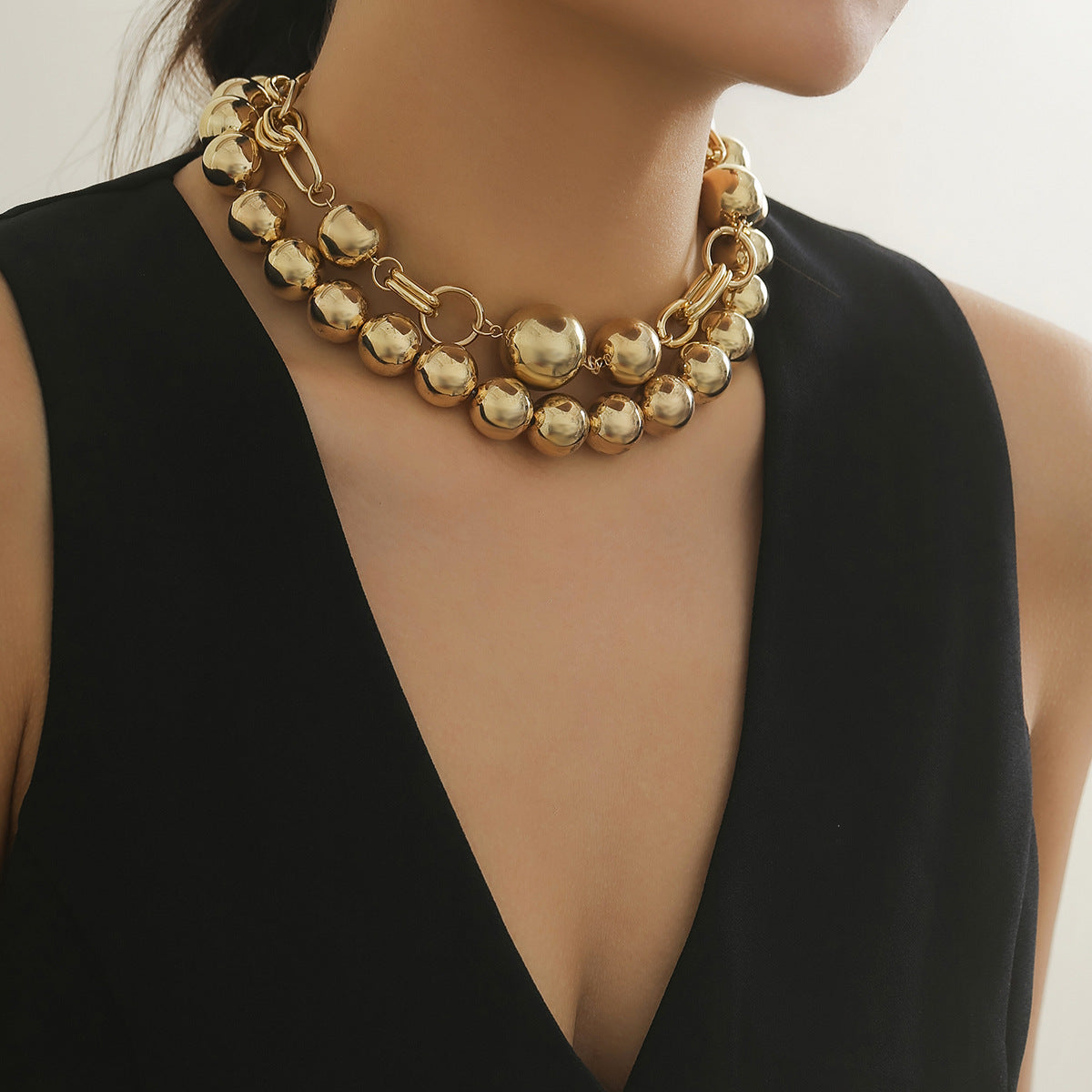 European and American Cross-border Jewelry Creative Punk Style Round Bead Double Layer Overlapping Necklace necklace Exaggerated Metal Chain