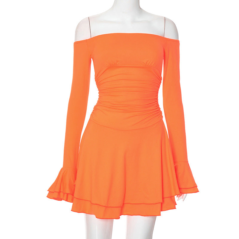 Sanhu Lianjiang F24DS090 European and American women's clothing 2024 Amazon solid color shoulder horn sleeve dress wholesale
