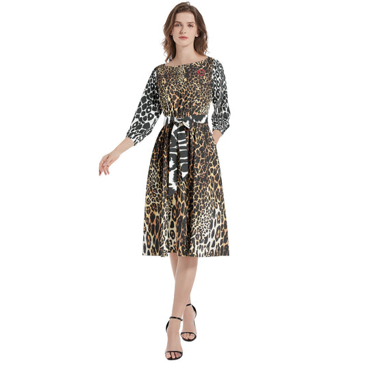 Boat Neck Belted Flared Dress VIBE Lady2